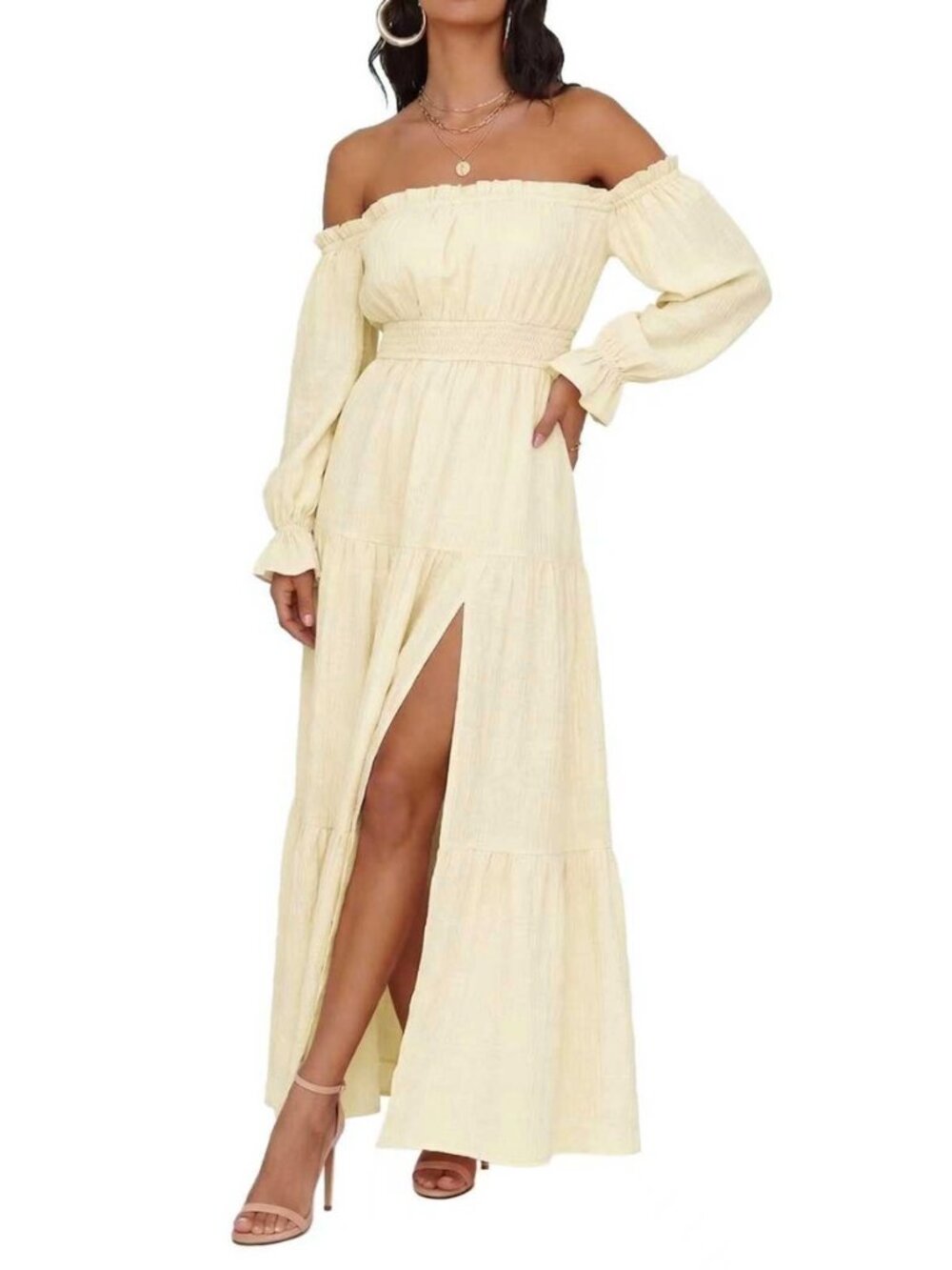 Womens Long Sleeve Off Shoulder Boho Maxi Dress Split Long Dresses